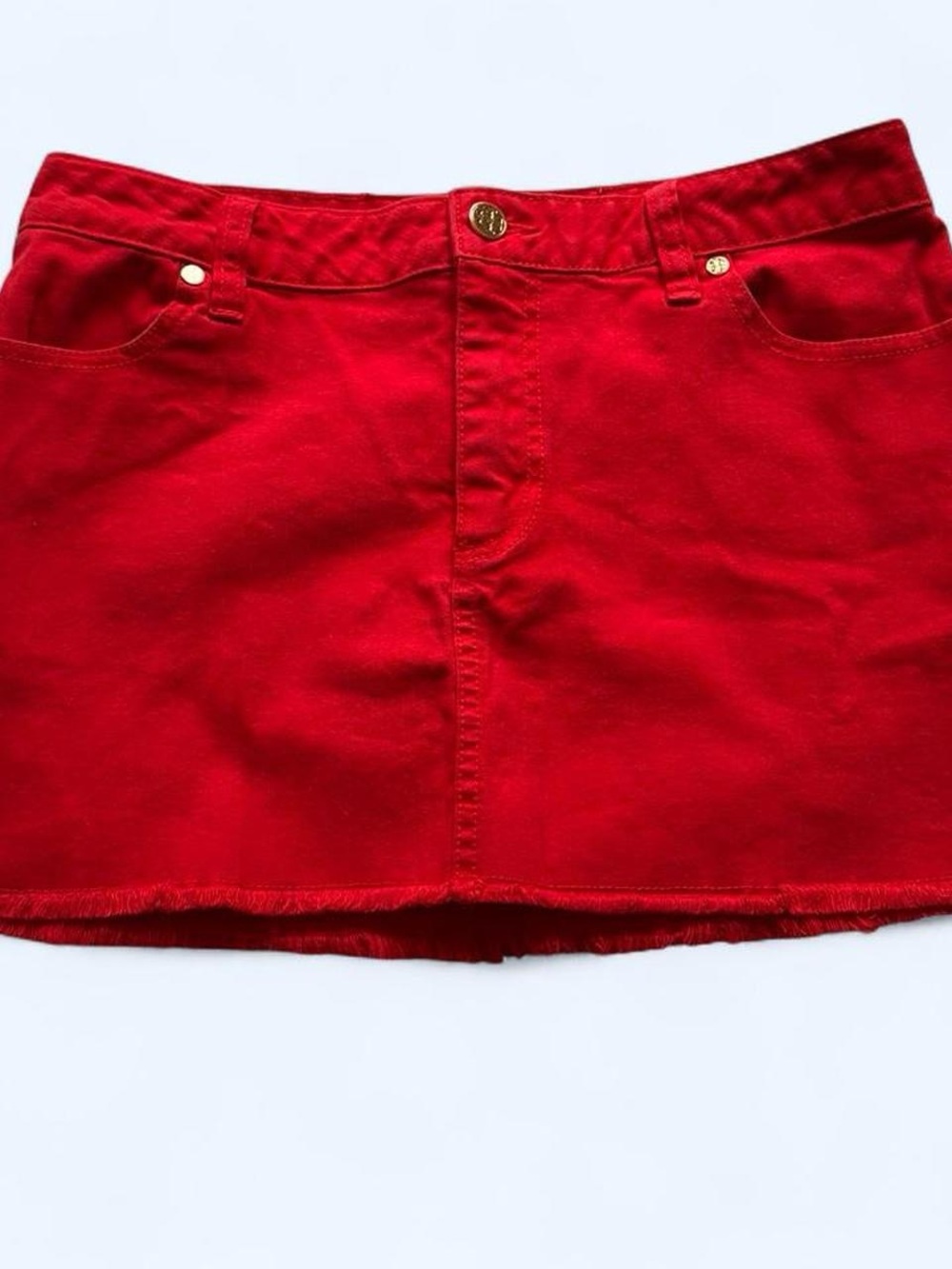 Tory Burch Bright Red Denim Skirt with Gold Logo Tag